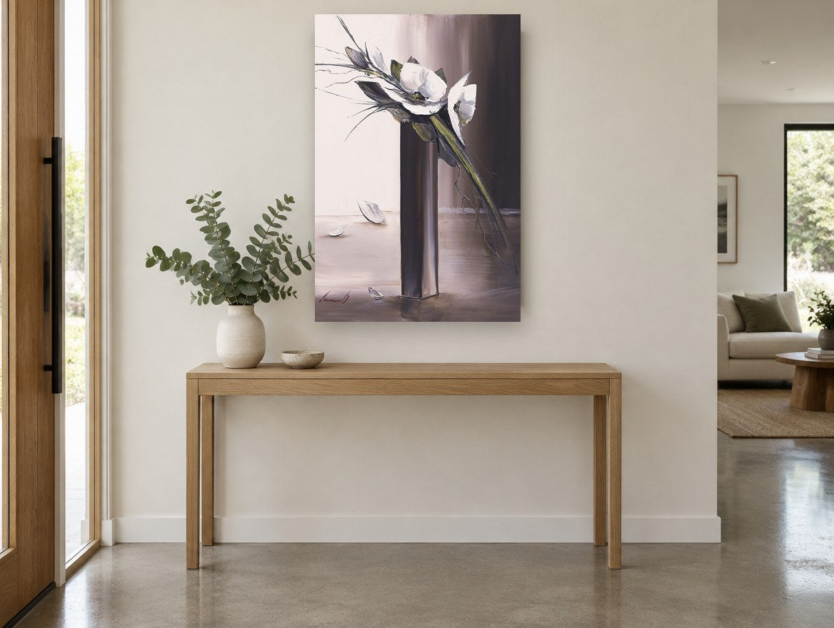 White Blooms Tall Vase floral canvas print on the wall of a entry hall