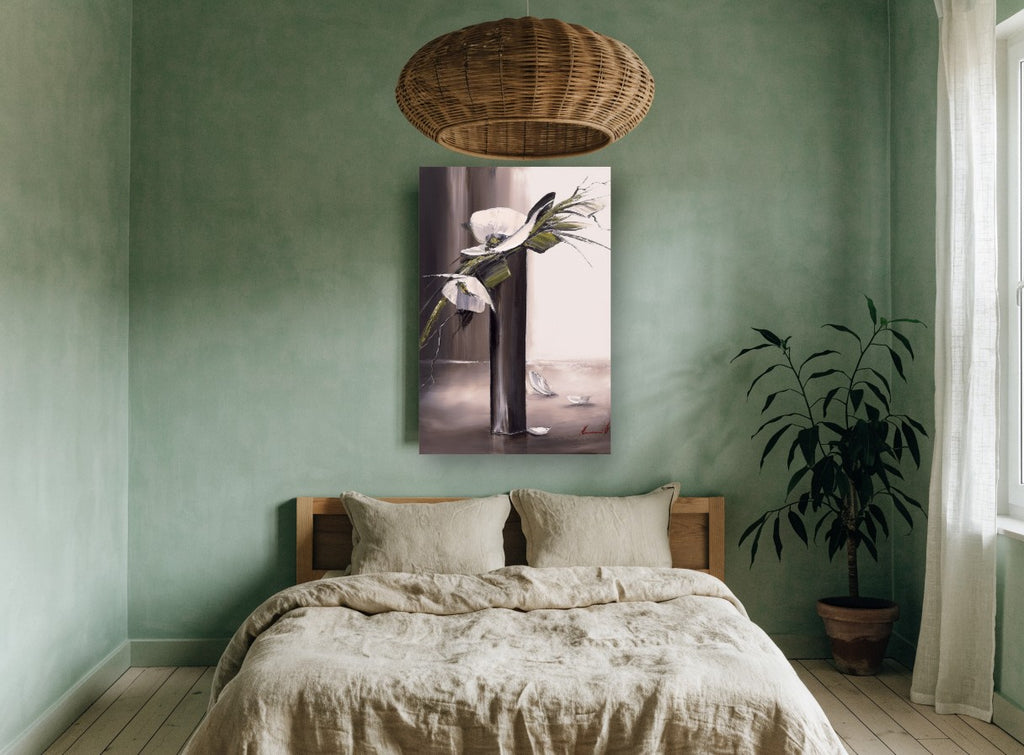 White Blooms in Dark Vase floral canvas print on the wall of a bedroom