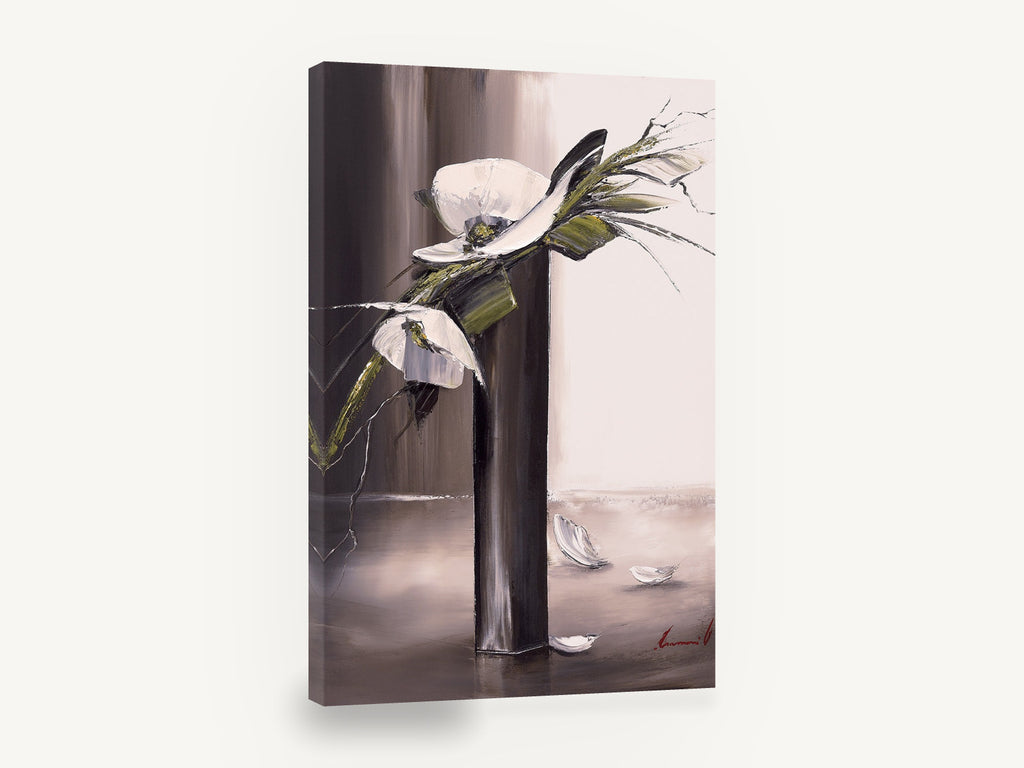 White Blooms in Dark Vase, white flowers tall vase palette knife, floral canvas wall art print ready to hang