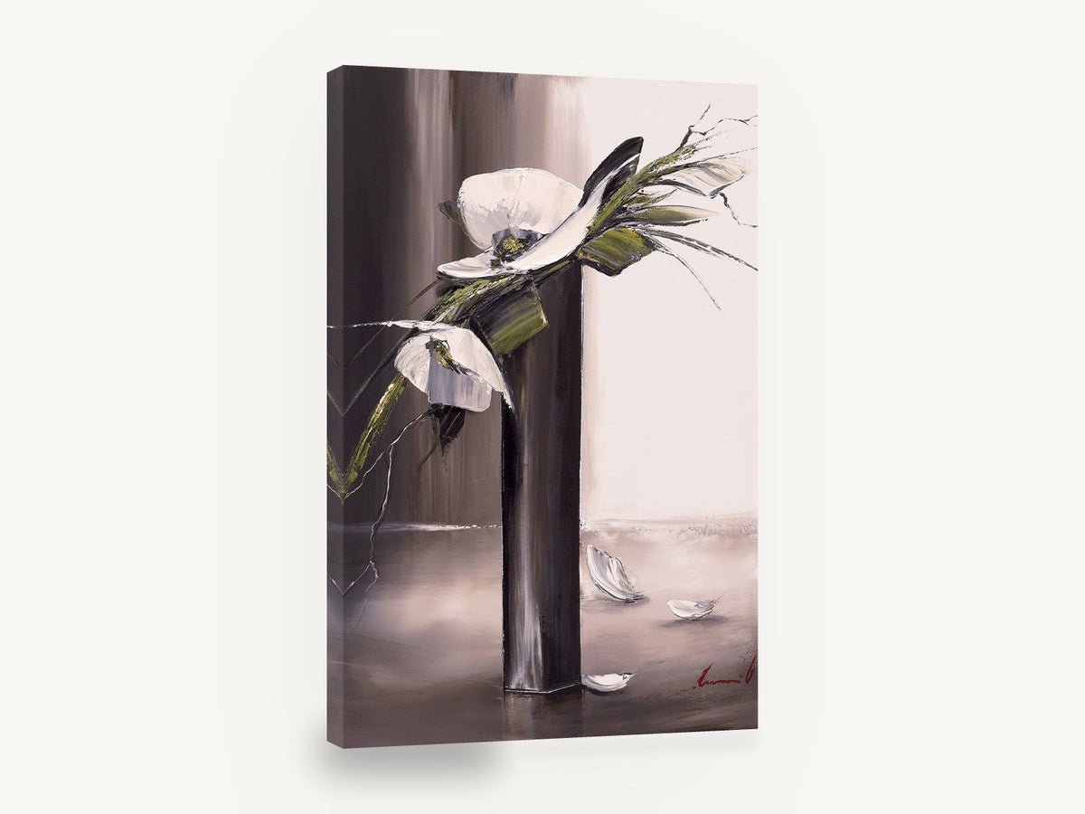 White Blooms in Dark Vase, white flowers tall vase palette knife, floral canvas wall art print ready to hang