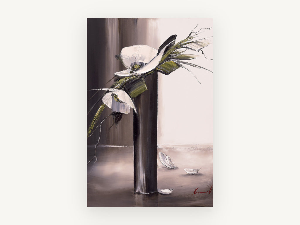 White Blooms in Dark Vase, floral canvas wall art print, front view