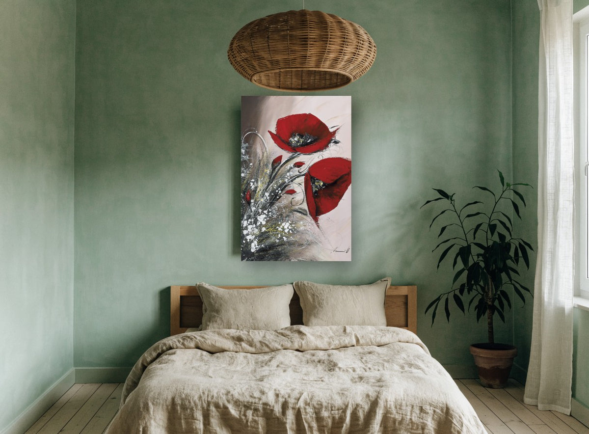 Crimson Poppy Pair floral canvas print on the wall of a bedroom
