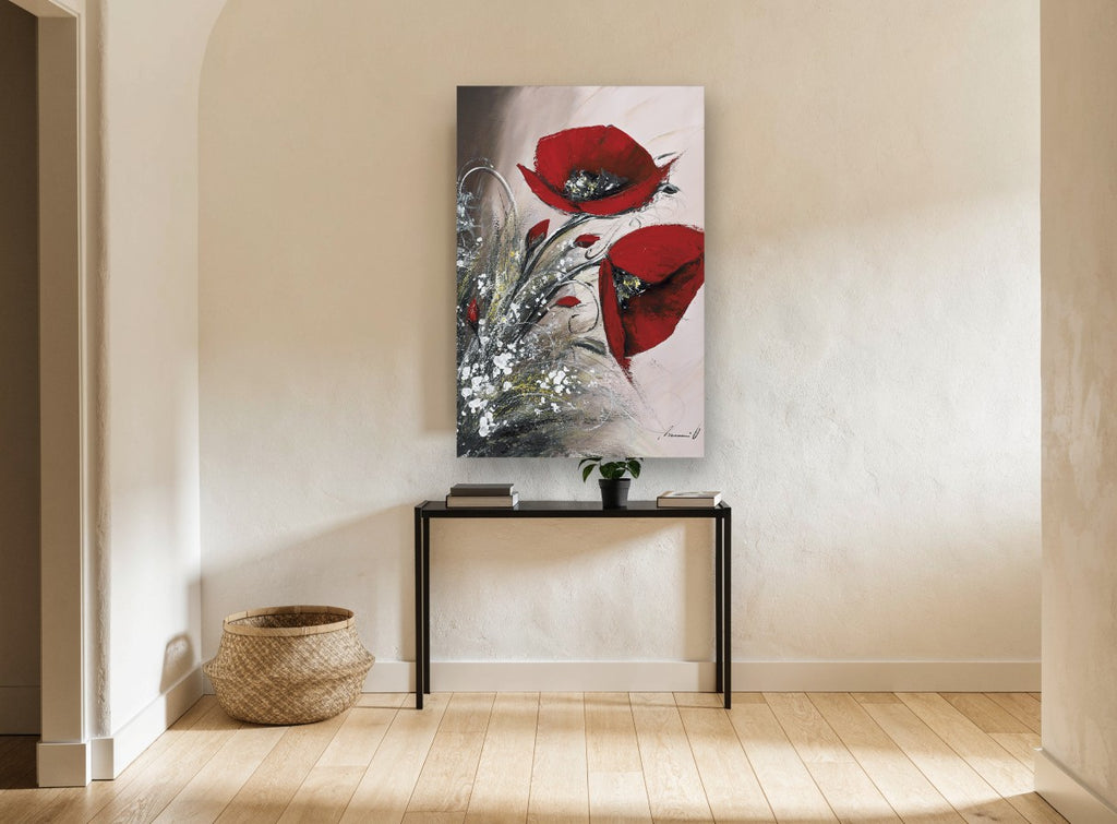 Crimson Poppy Pair floral canvas print on the wall of a hallway