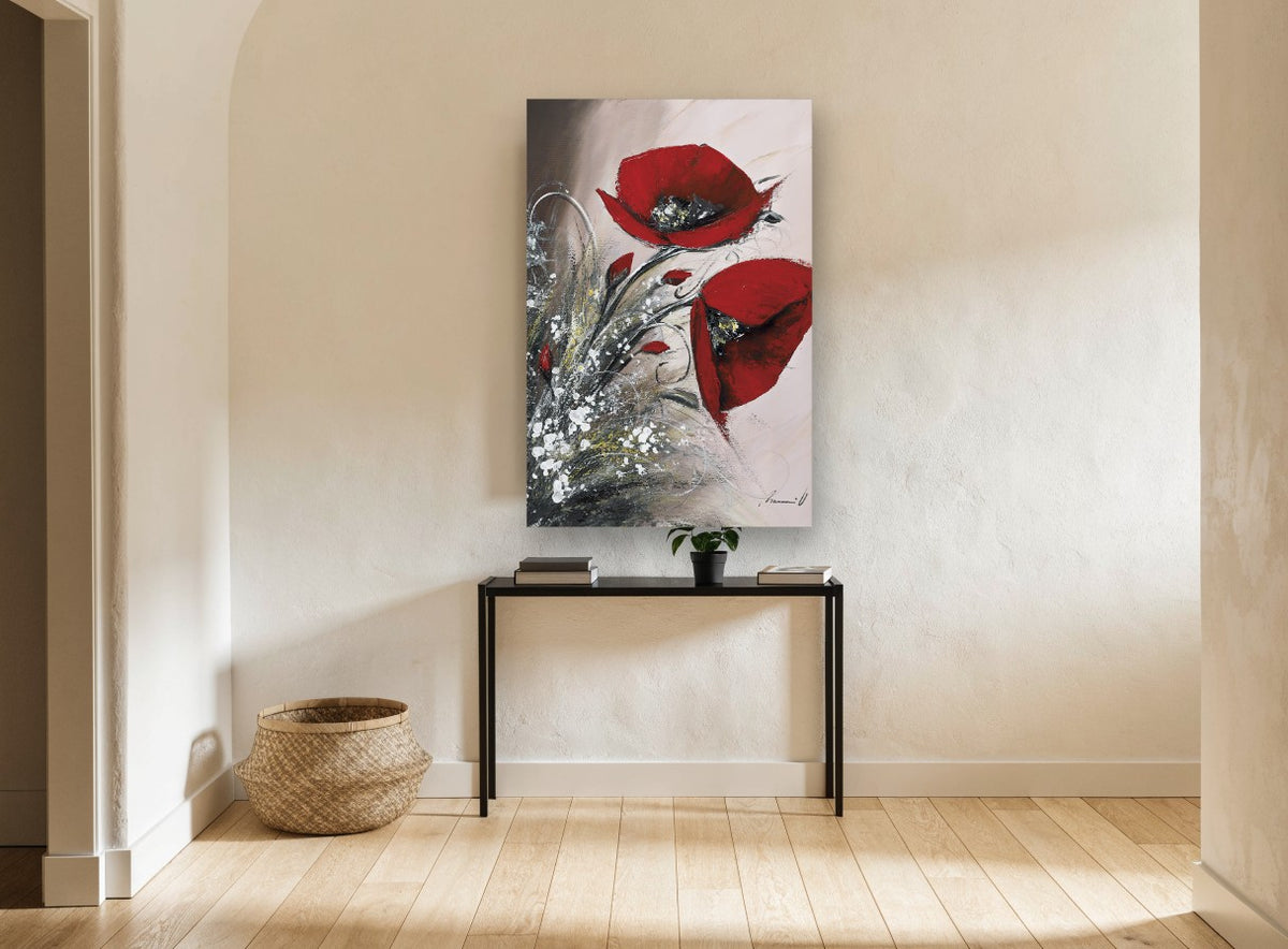 Crimson Poppy Pair floral canvas print on the wall of a hallway