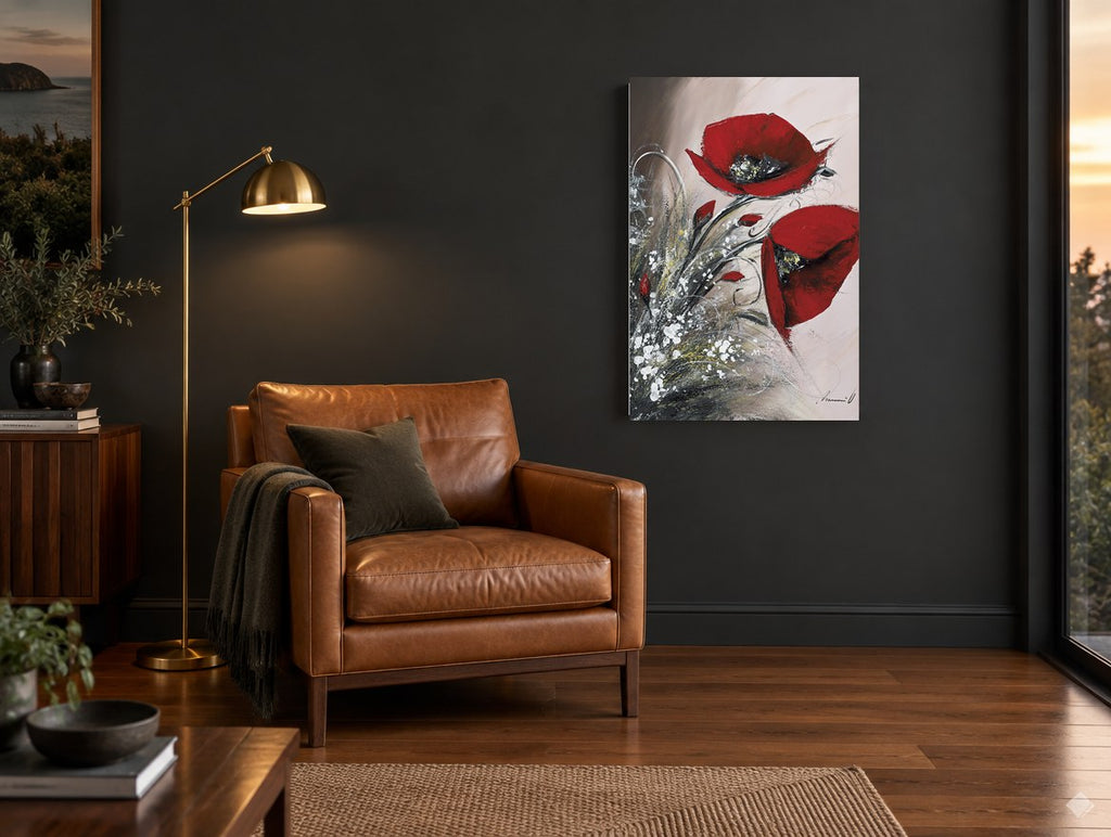 Crimson Poppy Pair floral canvas print on the wall of a charcoal living room