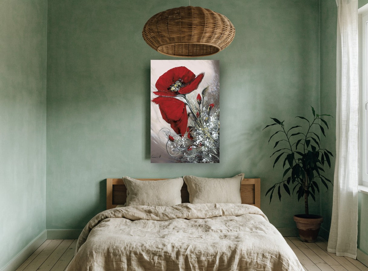 Crimson Poppy Spray floral canvas print on the wall of a bedroom
