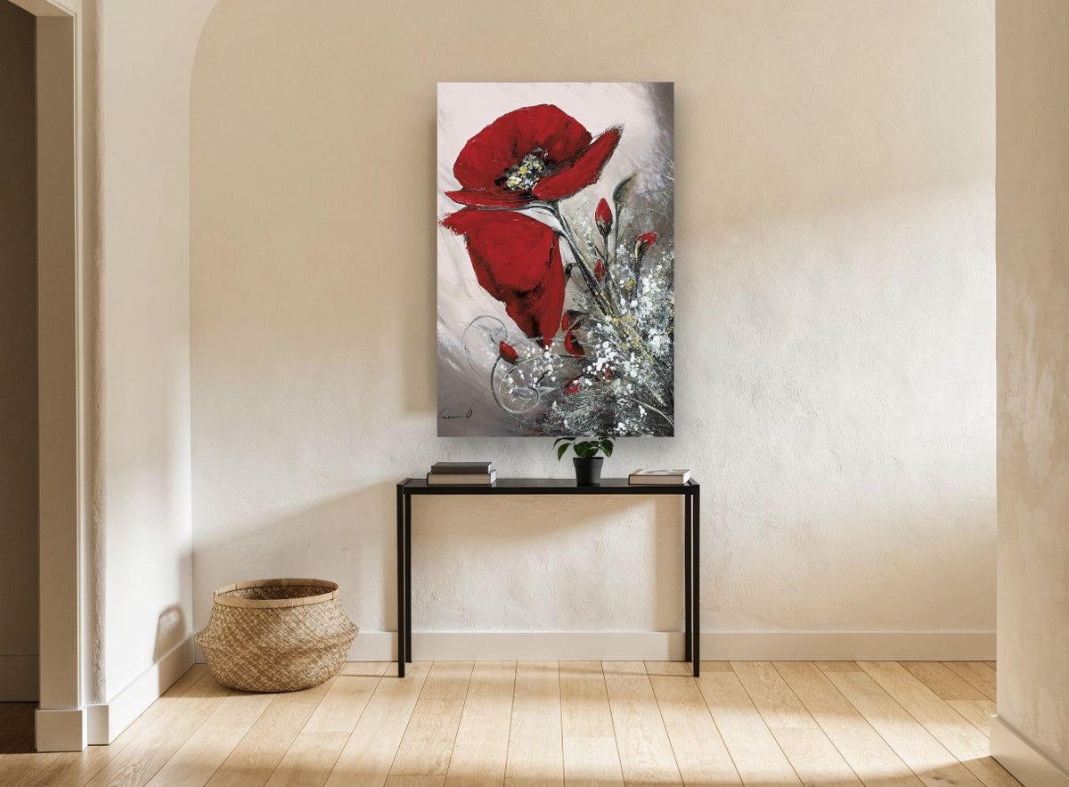 Crimson Poppy Spray floral canvas print on the wall of a hallway