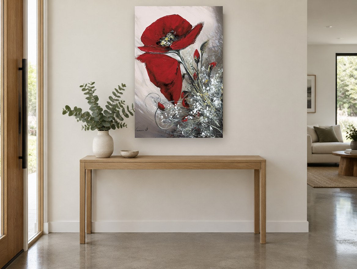 Crimson Poppy Spray floral canvas print on the wall of a entry hall