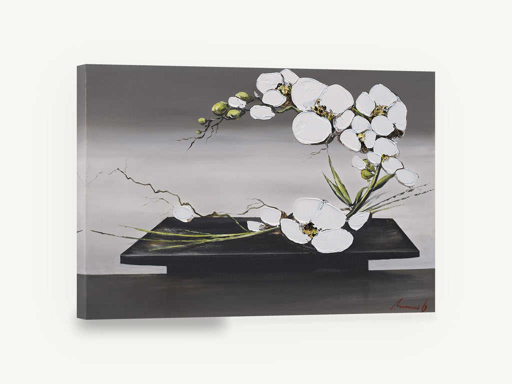 Orchid Arc on Black Tray, white orchids black tray floral painting, floral canvas wall art print ready to hang