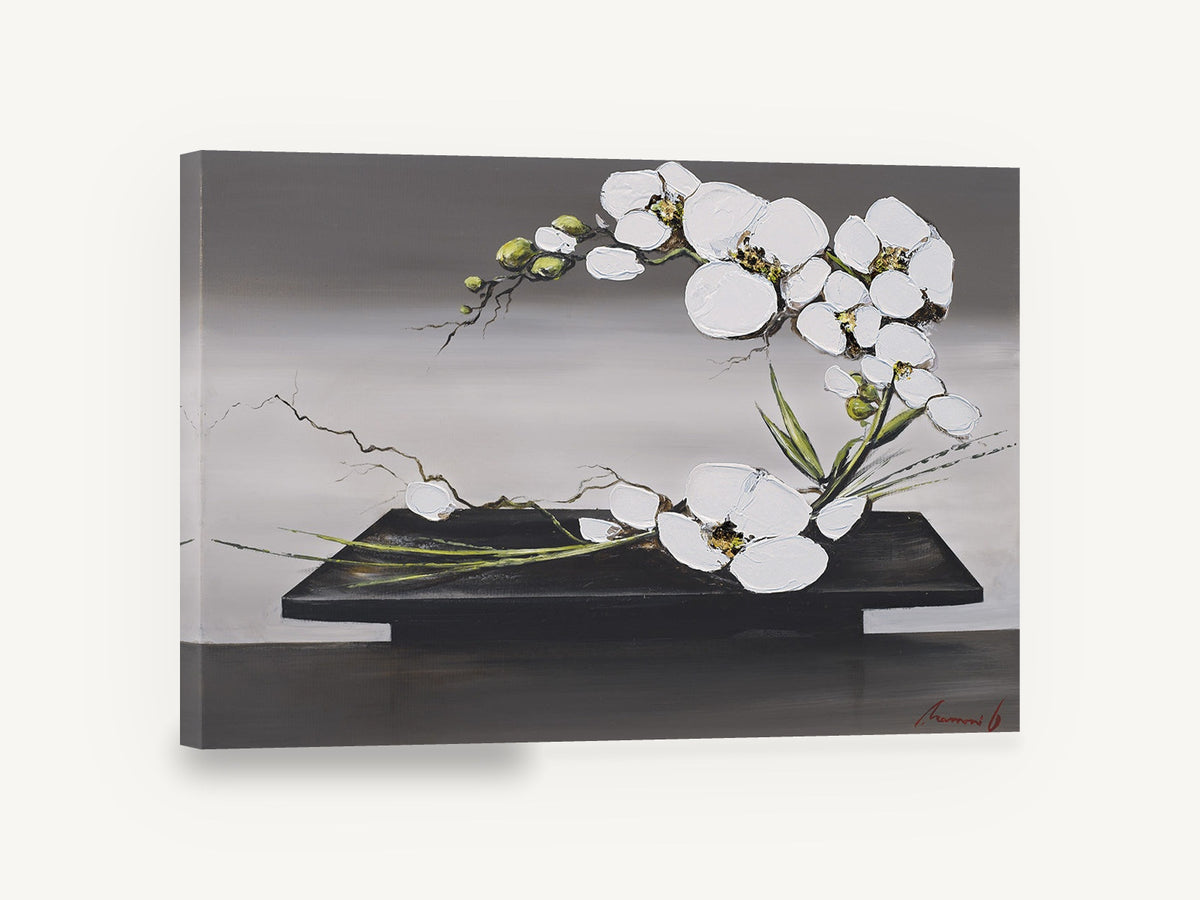 Orchid Arc on Black Tray, white orchids black tray floral painting, floral canvas wall art print ready to hang