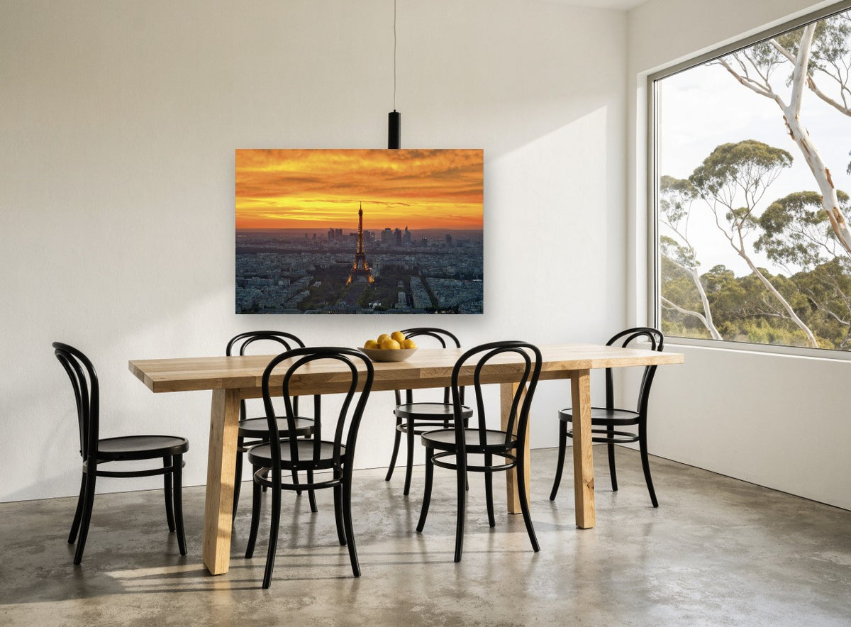 Paris Ablaze at Dusk city canvas print on the wall of a dining room