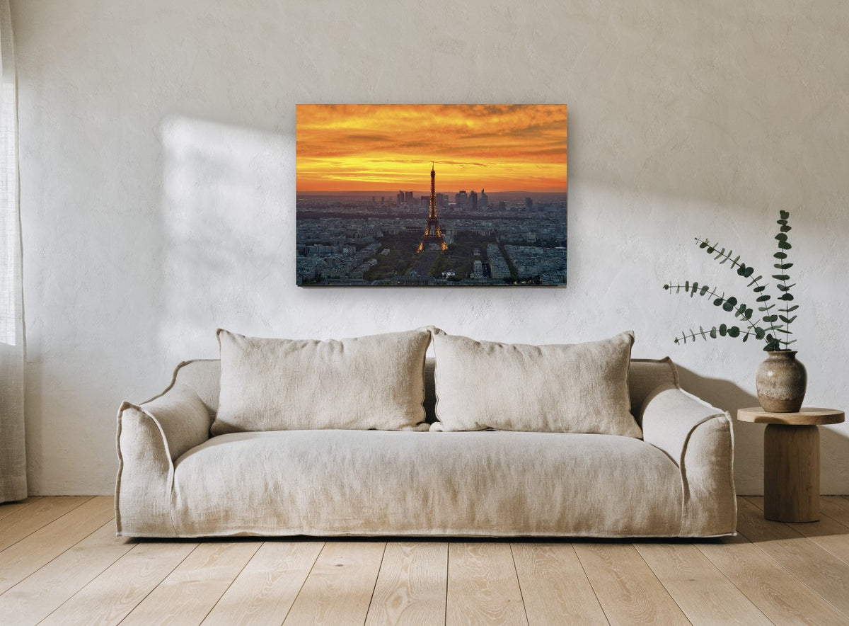 Paris Ablaze at Dusk city canvas print on the wall of a living room