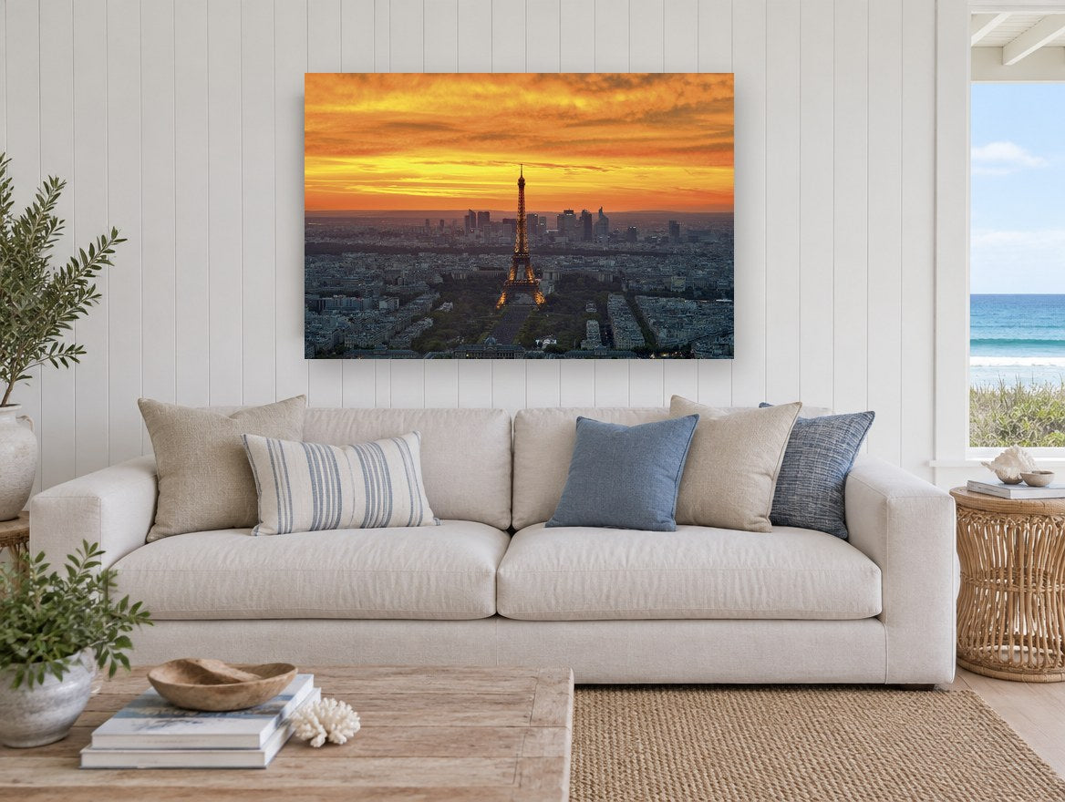 Paris Ablaze at Dusk city canvas print on the wall of a beach house living room
