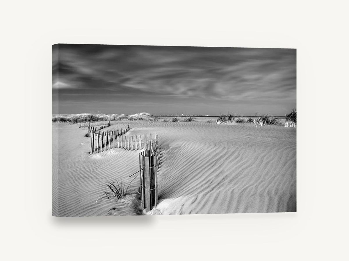 Dune Fence Drift, sand dune fence black and white, coastal canvas wall art print ready to hang