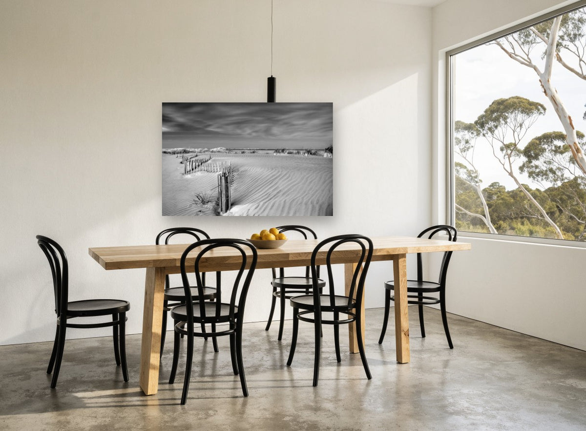 Dune Fence Drift coastal canvas print on the wall of a dining room