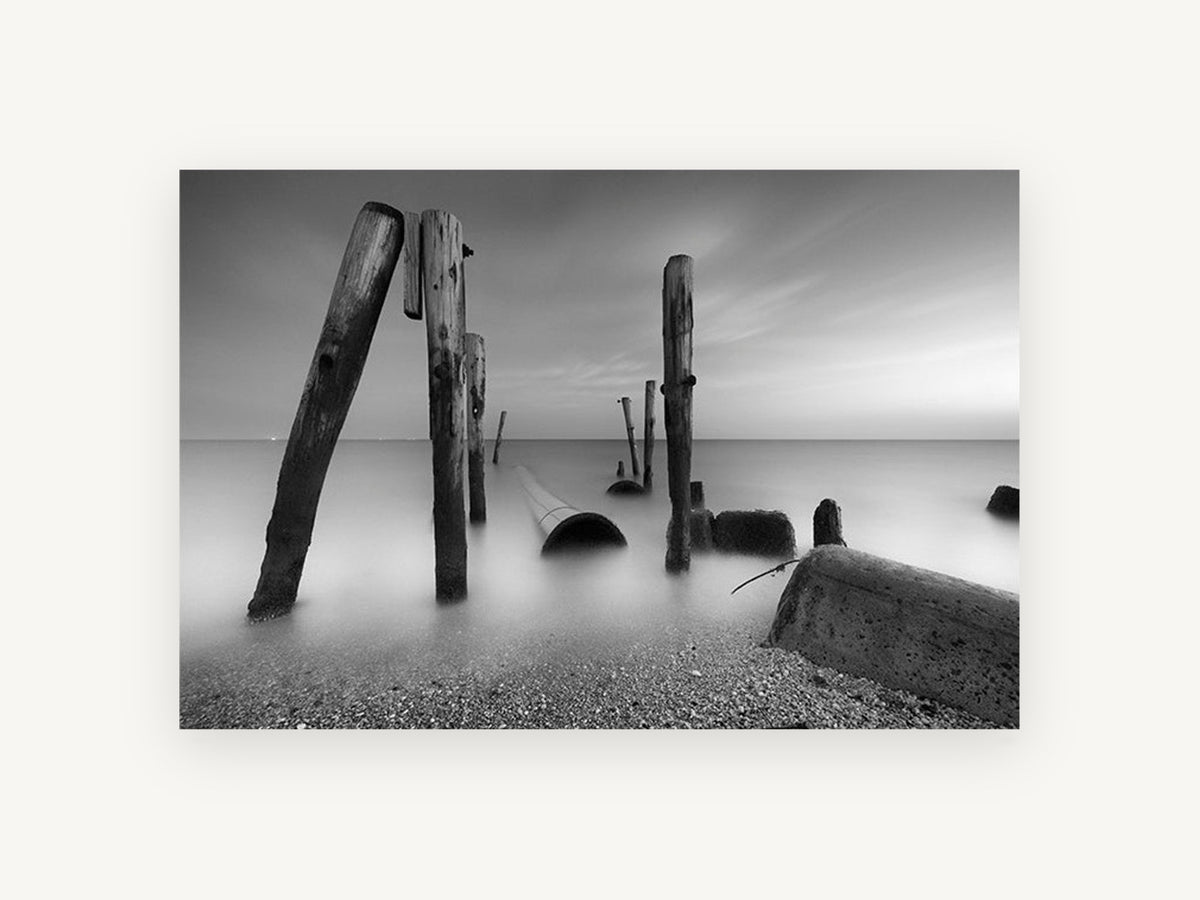 Silent Pilings at Dusk, coastal canvas wall art print, front view