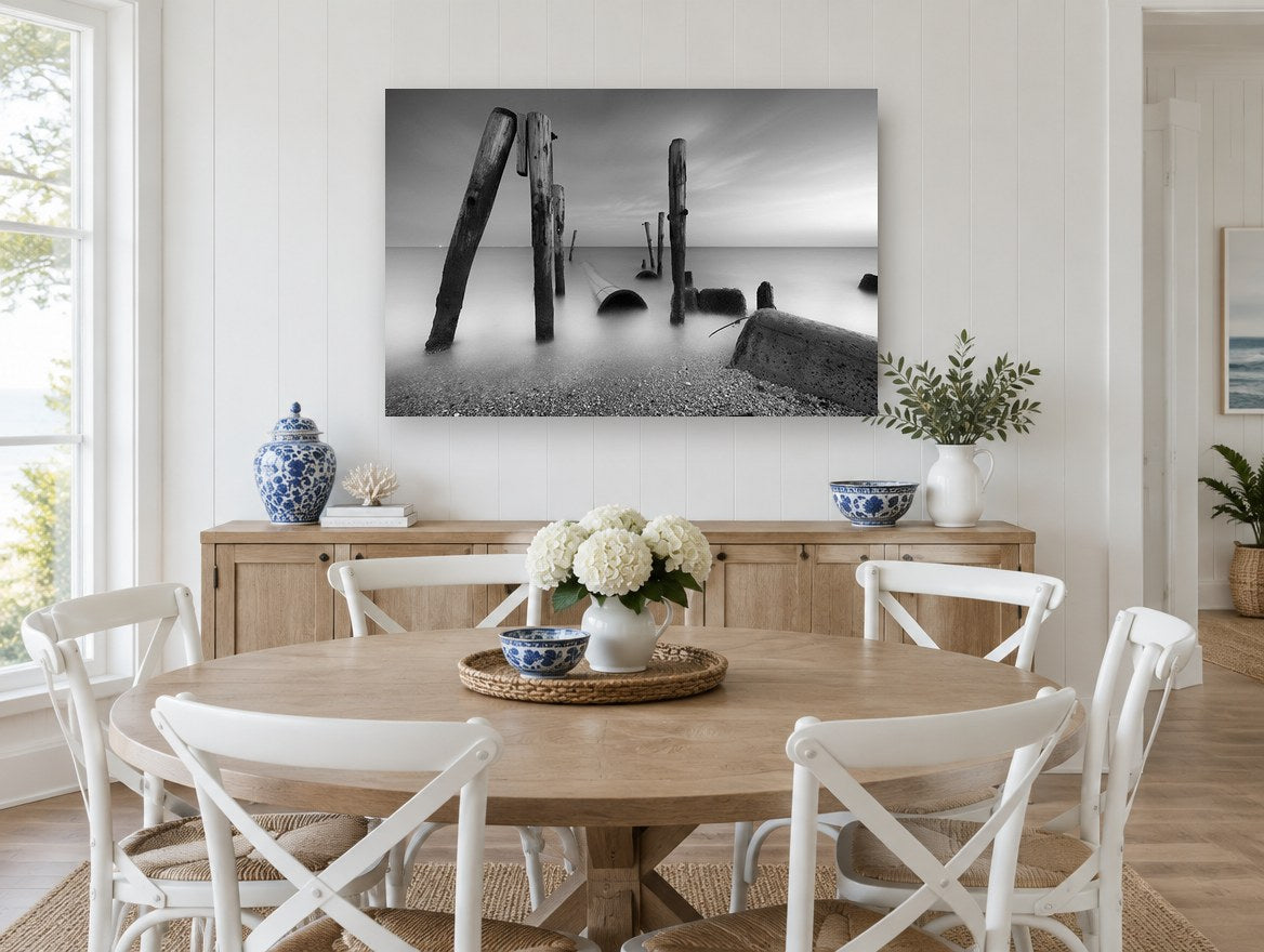 Silent Pilings at Dusk coastal canvas print on the wall of a Hamptons dining room
