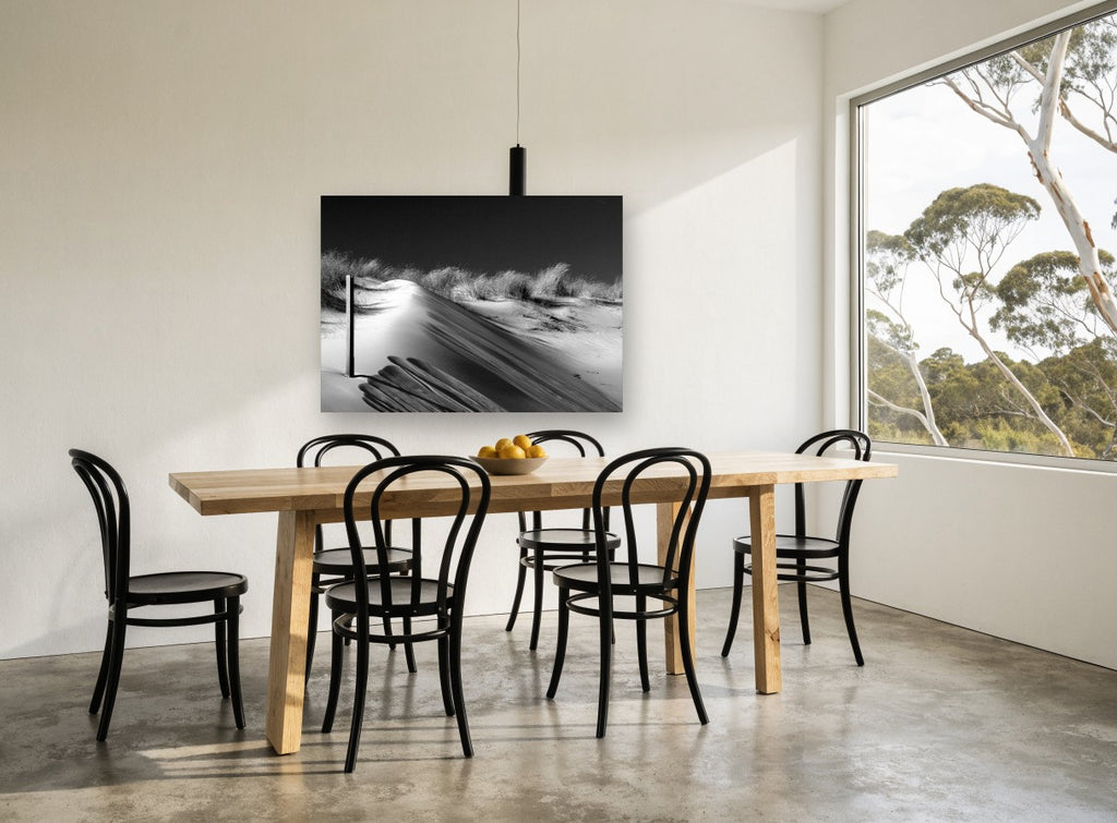Dune Shadow Study coastal canvas print on the wall of a dining room