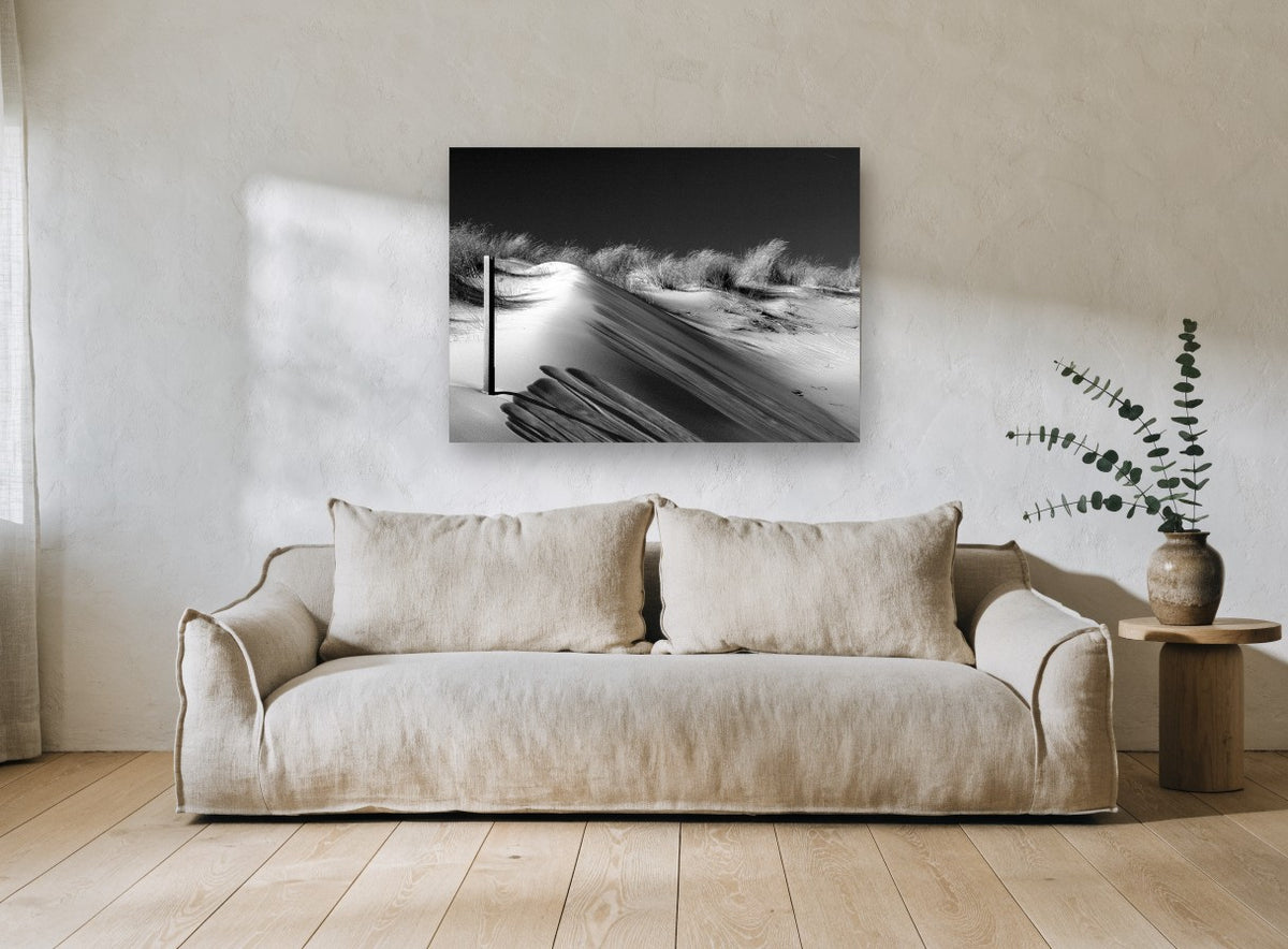 Dune Shadow Study coastal canvas print on the wall of a living room