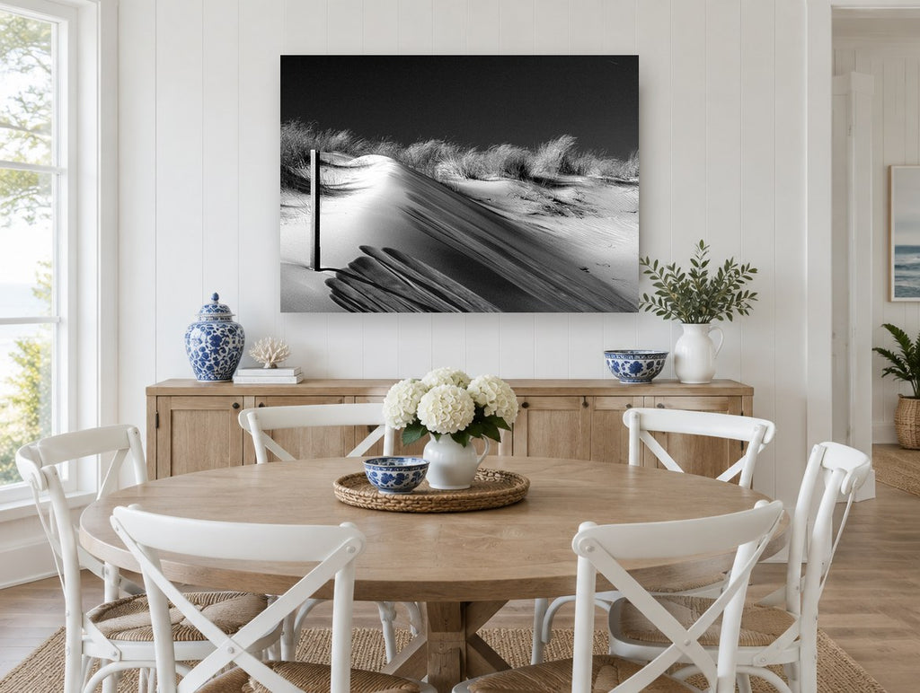Dune Shadow Study coastal canvas print on the wall of a Hamptons dining room
