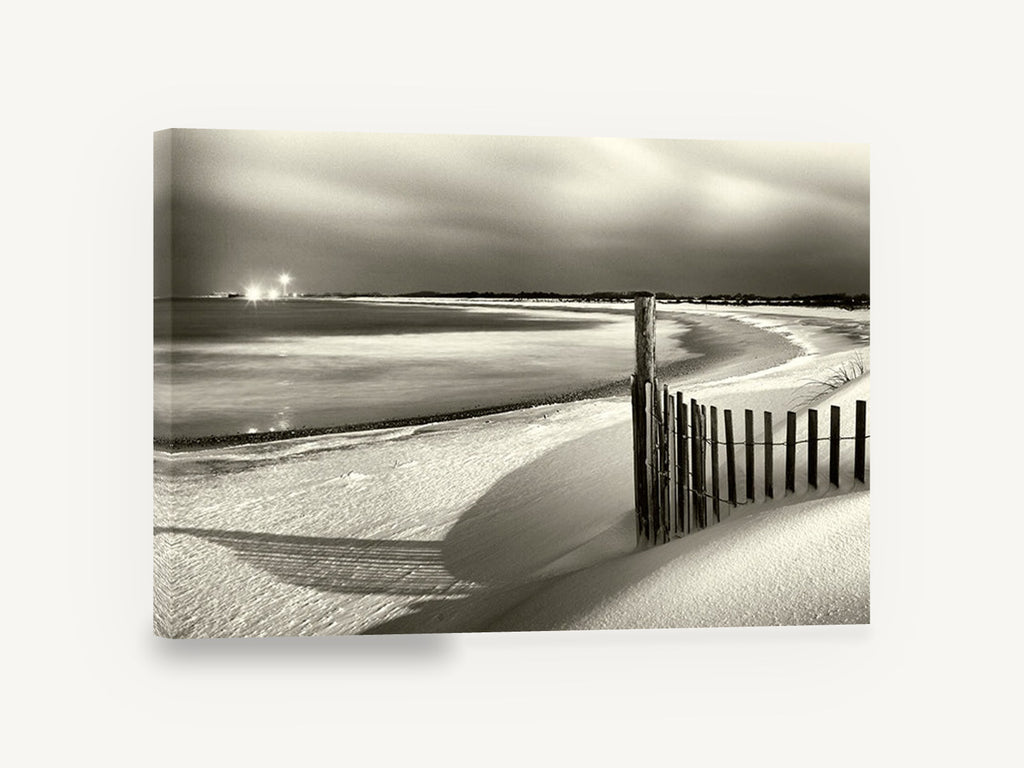 Moonlit Dune Fence, snowy beach fence black and white, coastal canvas wall art print ready to hang