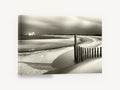 Moonlit Dune Fence, snowy beach fence black and white, coastal canvas wall art print ready to hang