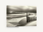 Moonlit Dune Fence, snowy beach fence black and white, coastal canvas wall art print ready to hang
