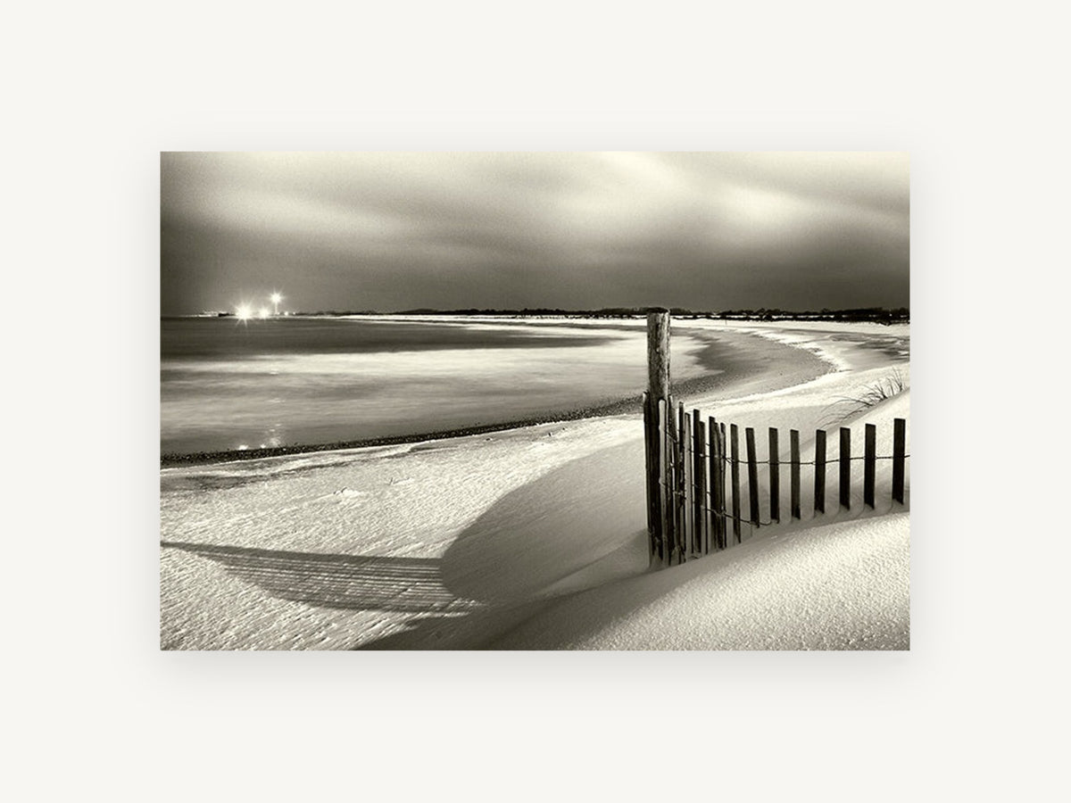 Moonlit Dune Fence, coastal canvas wall art print, front view