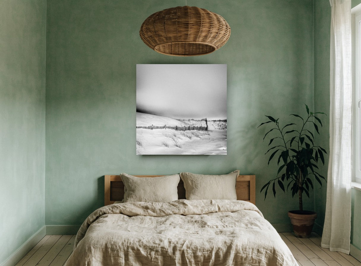 Snowbound Dune Fence coastal canvas print on the wall of a bedroom