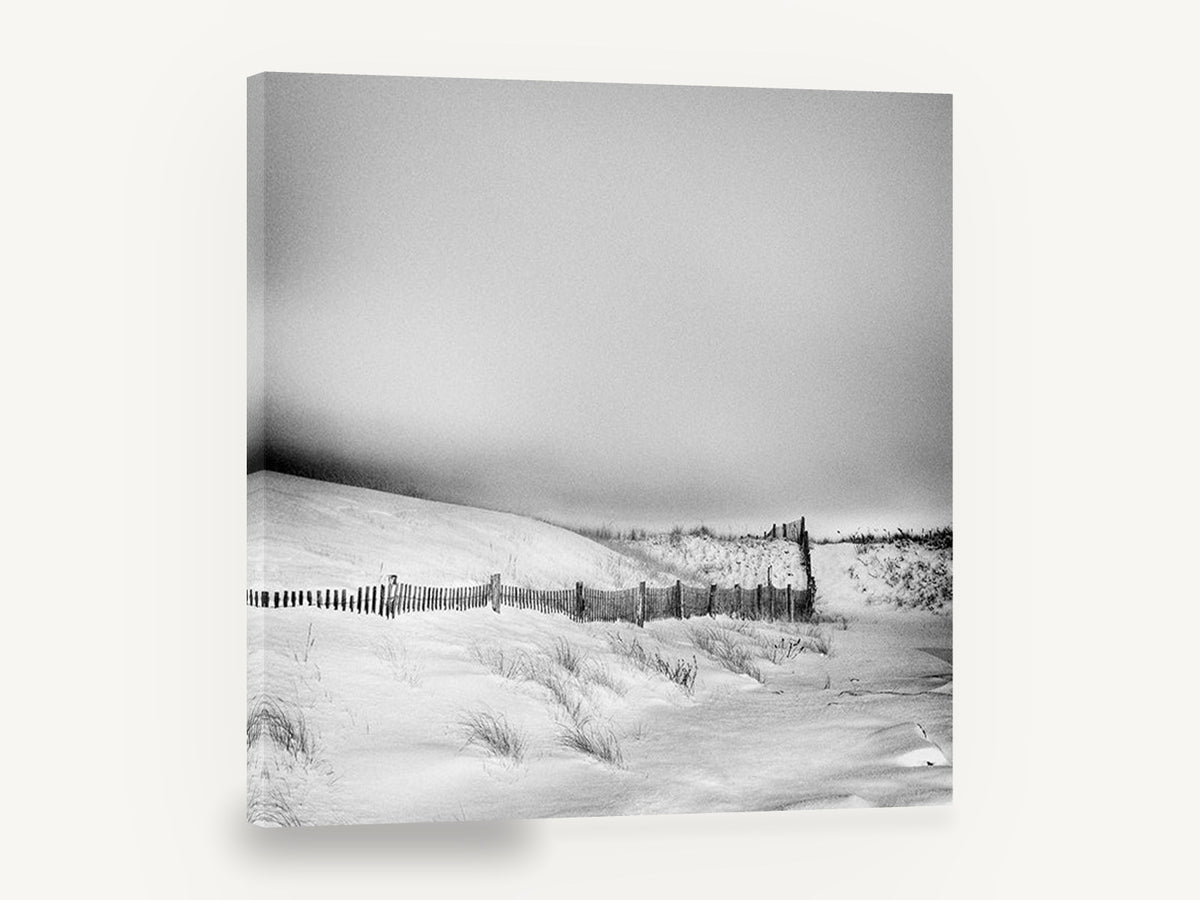 Snowbound Dune Fence, snowy dune fence black and white, coastal canvas wall art print ready to hang