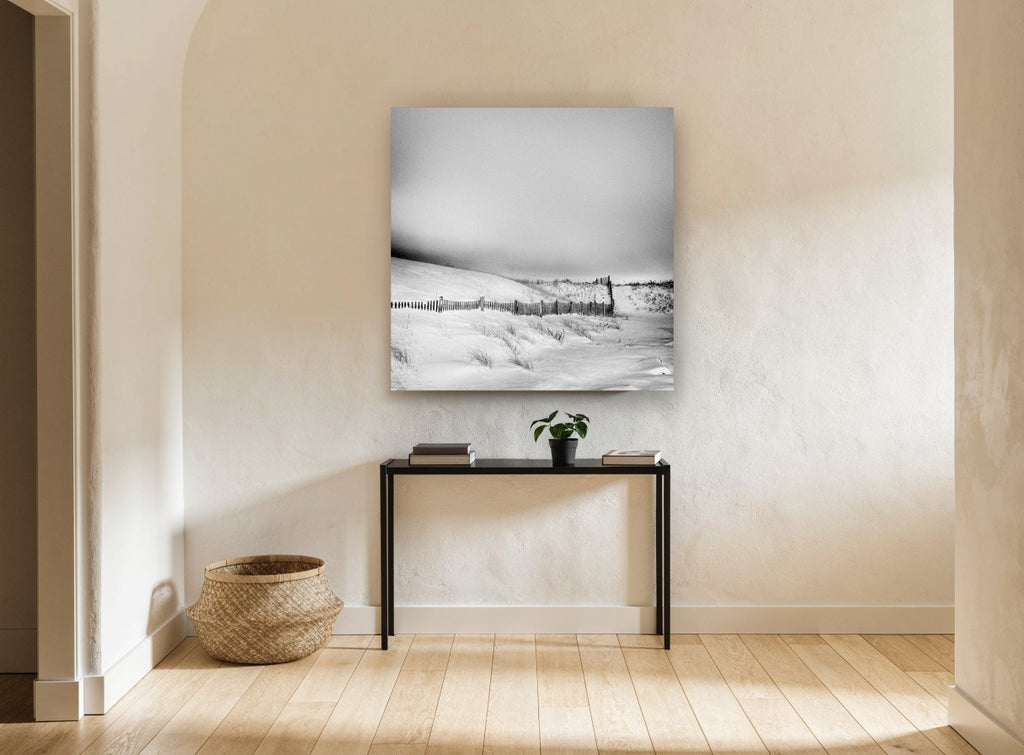Snowbound Dune Fence coastal canvas print on the wall of a hallway