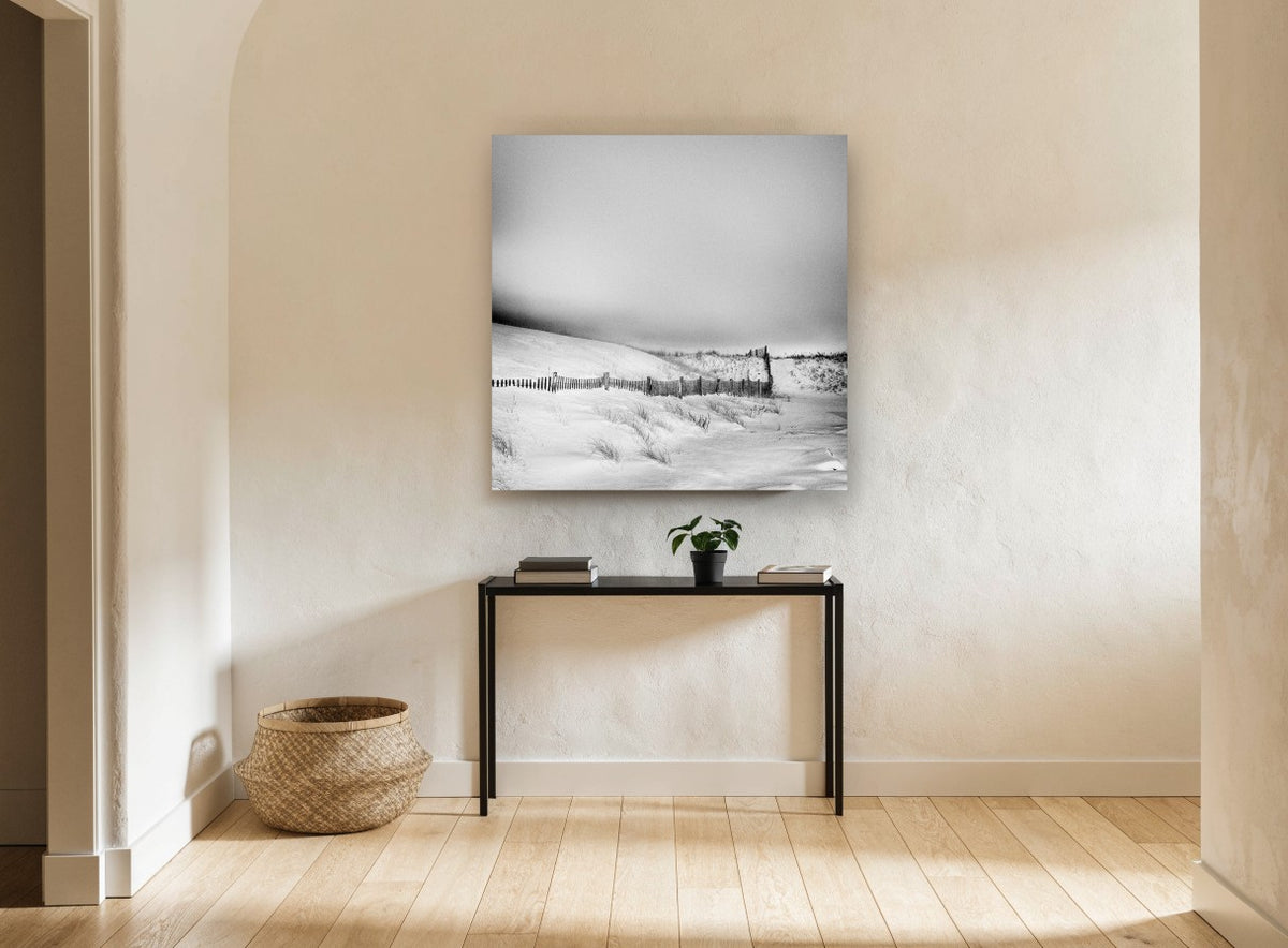 Snowbound Dune Fence coastal canvas print on the wall of a hallway
