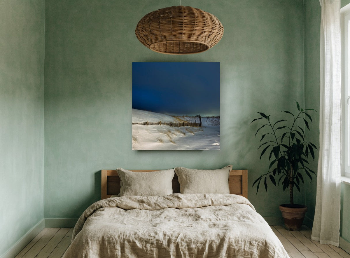 Snowbound Dune Fence coastal canvas print on the wall of a bedroom