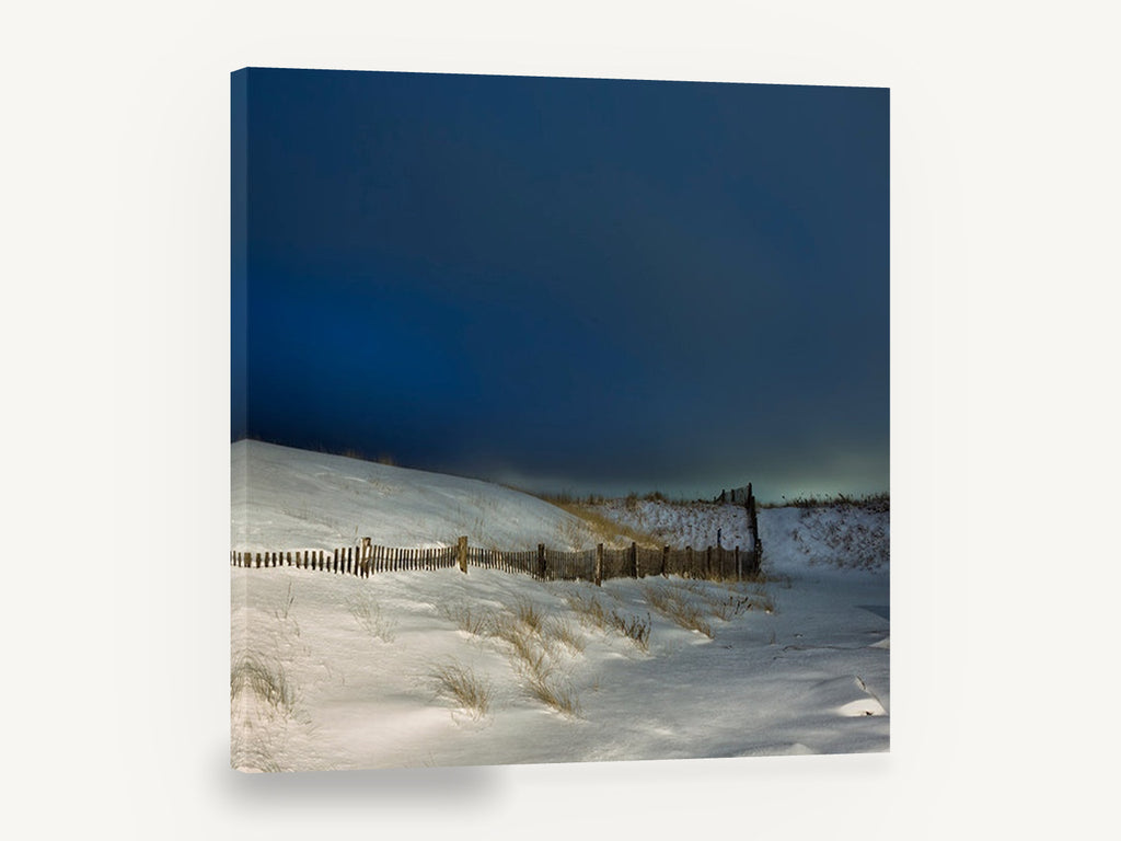 Snowbound Dune Fence, snowy dune fence night photograph, coastal canvas wall art print ready to hang