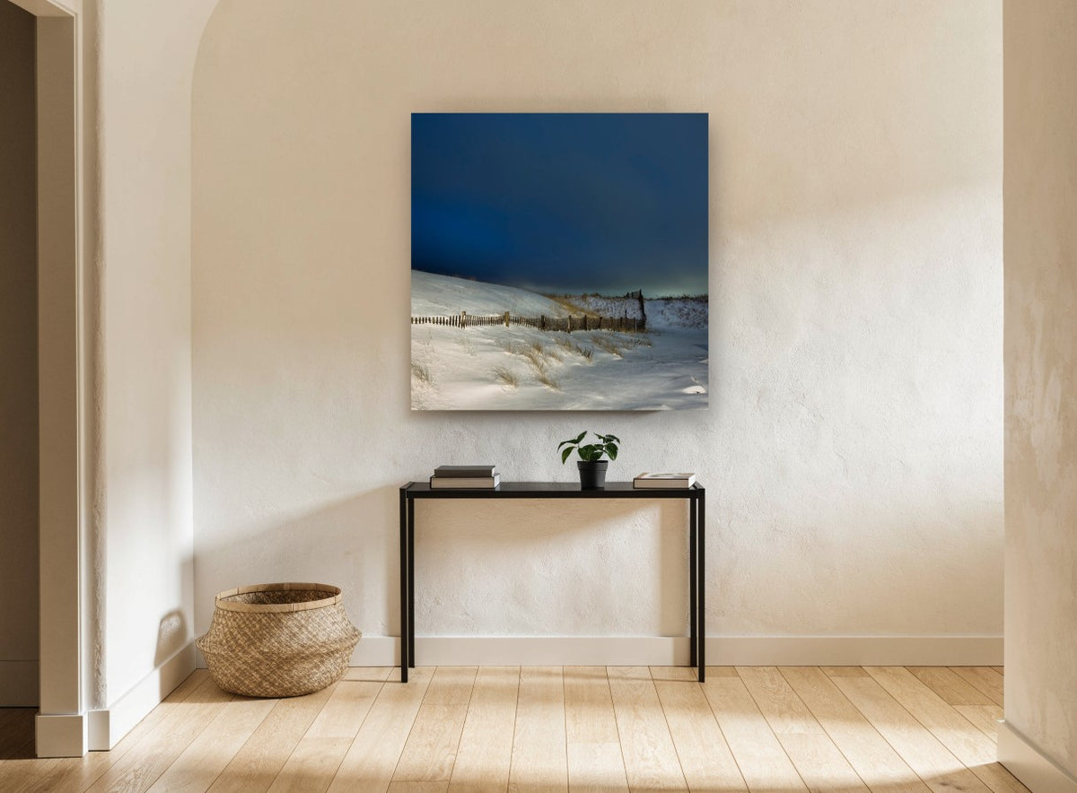 Snowbound Dune Fence coastal canvas print on the wall of a hallway
