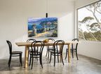 Lakeside Terrace Stroll coastal canvas print on the wall of a dining room