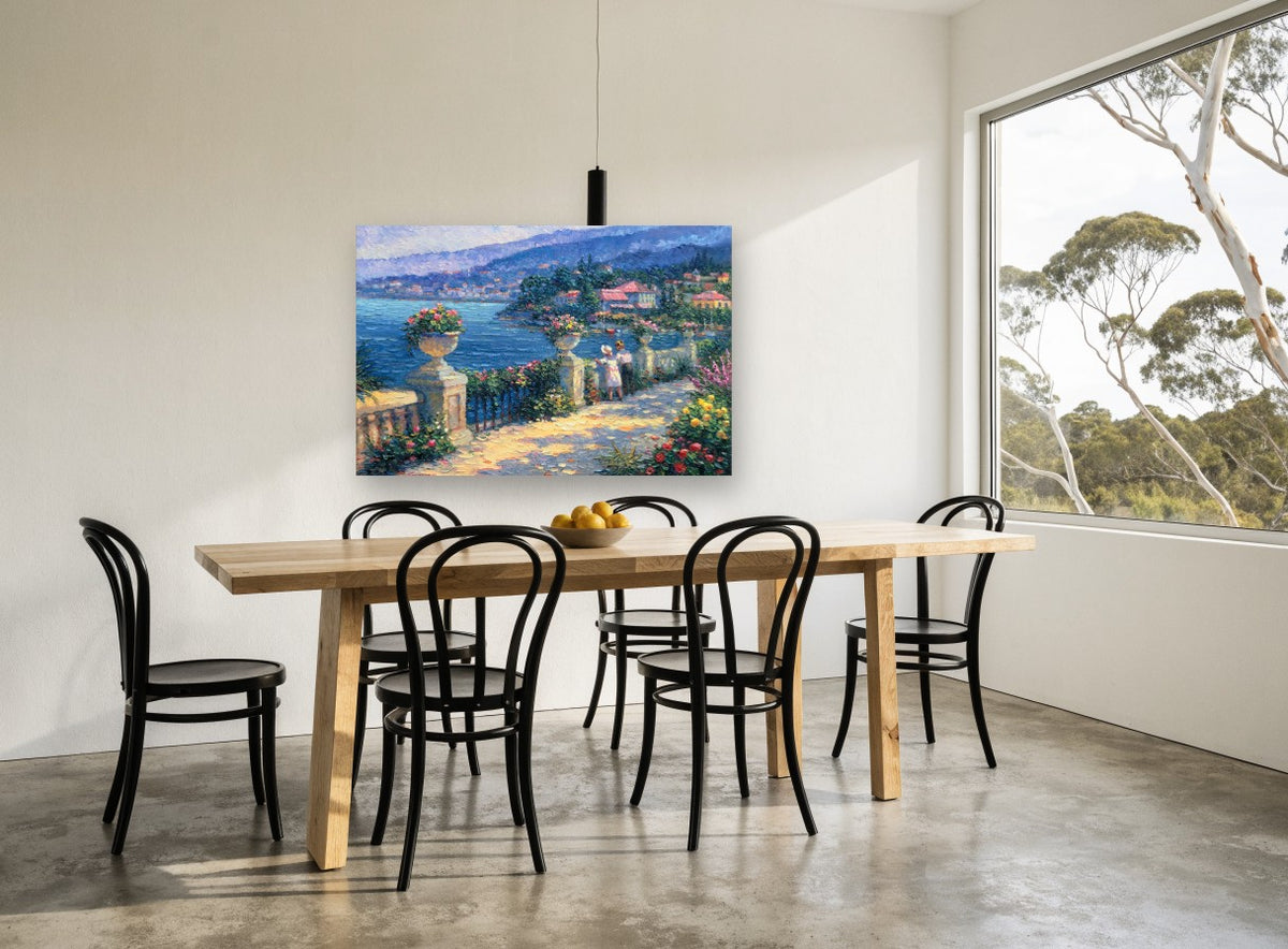 Lakeside Terrace Stroll coastal canvas print on the wall of a dining room