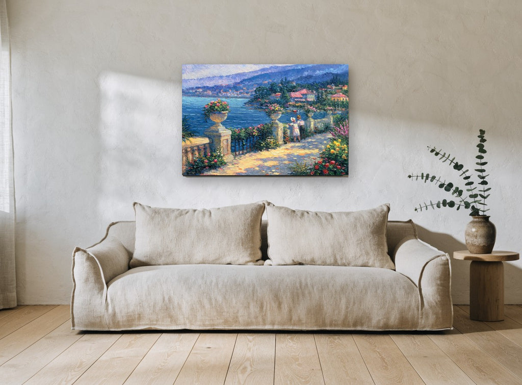 Lakeside Terrace Stroll coastal canvas print on the wall of a living room