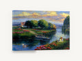 Riverside Poppies at Dusk, impressionist riverside landscape with boats, landscape canvas wall art print ready to hang