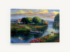 Riverside Poppies at Dusk, impressionist riverside landscape with boats, landscape canvas wall art print ready to hang