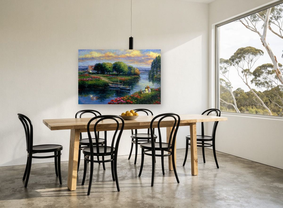 Riverside Poppies at Dusk landscape canvas print on the wall of a dining room