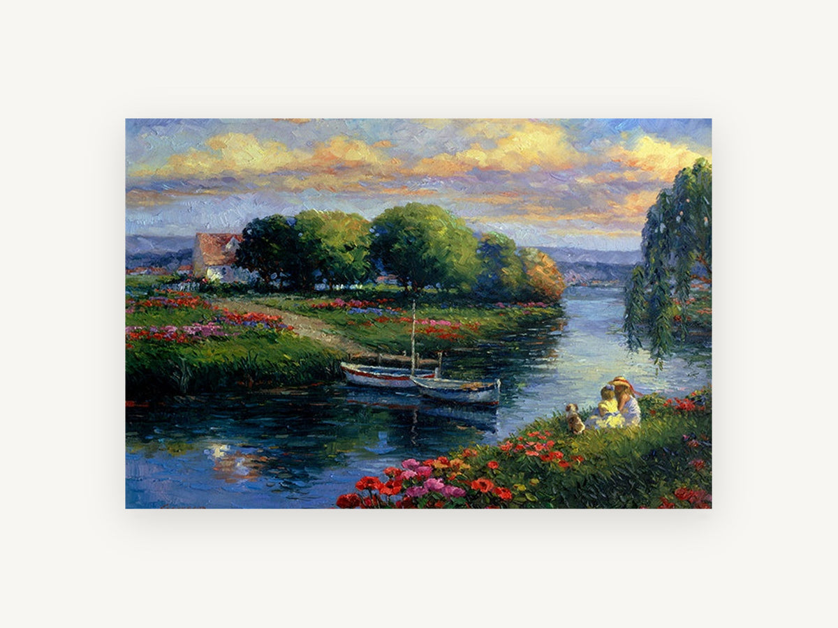 Riverside Poppies at Dusk, impressionist riverside landscape with boats, landscape canvas wall art print, front view