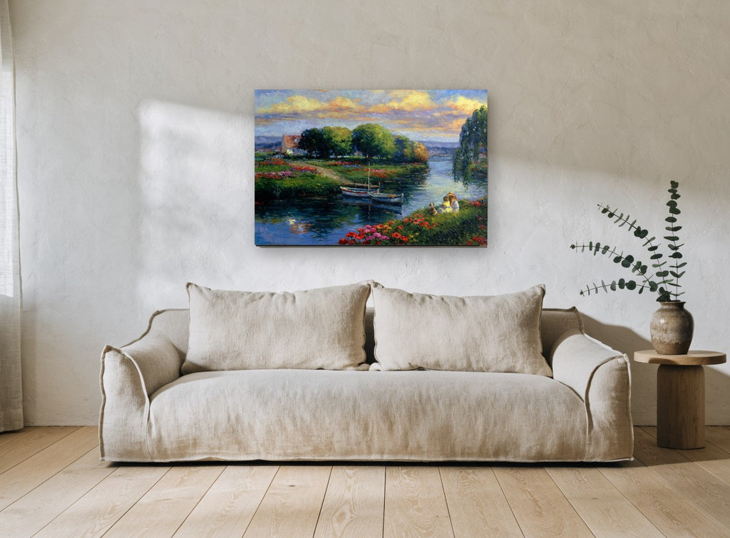 Riverside Poppies at Dusk landscape canvas print on the wall of a living room