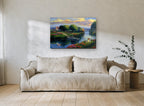 Riverside Poppies at Dusk landscape canvas print on the wall of a living room