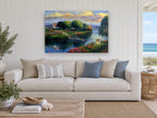 Riverside Poppies at Dusk landscape canvas print on the wall of a beach house living room