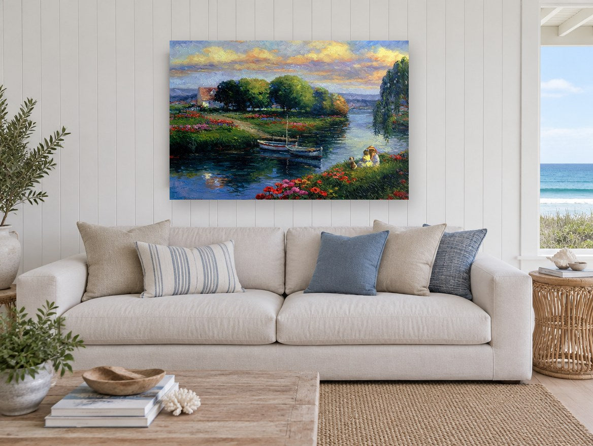 Riverside Poppies at Dusk landscape canvas print on the wall of a beach house living room