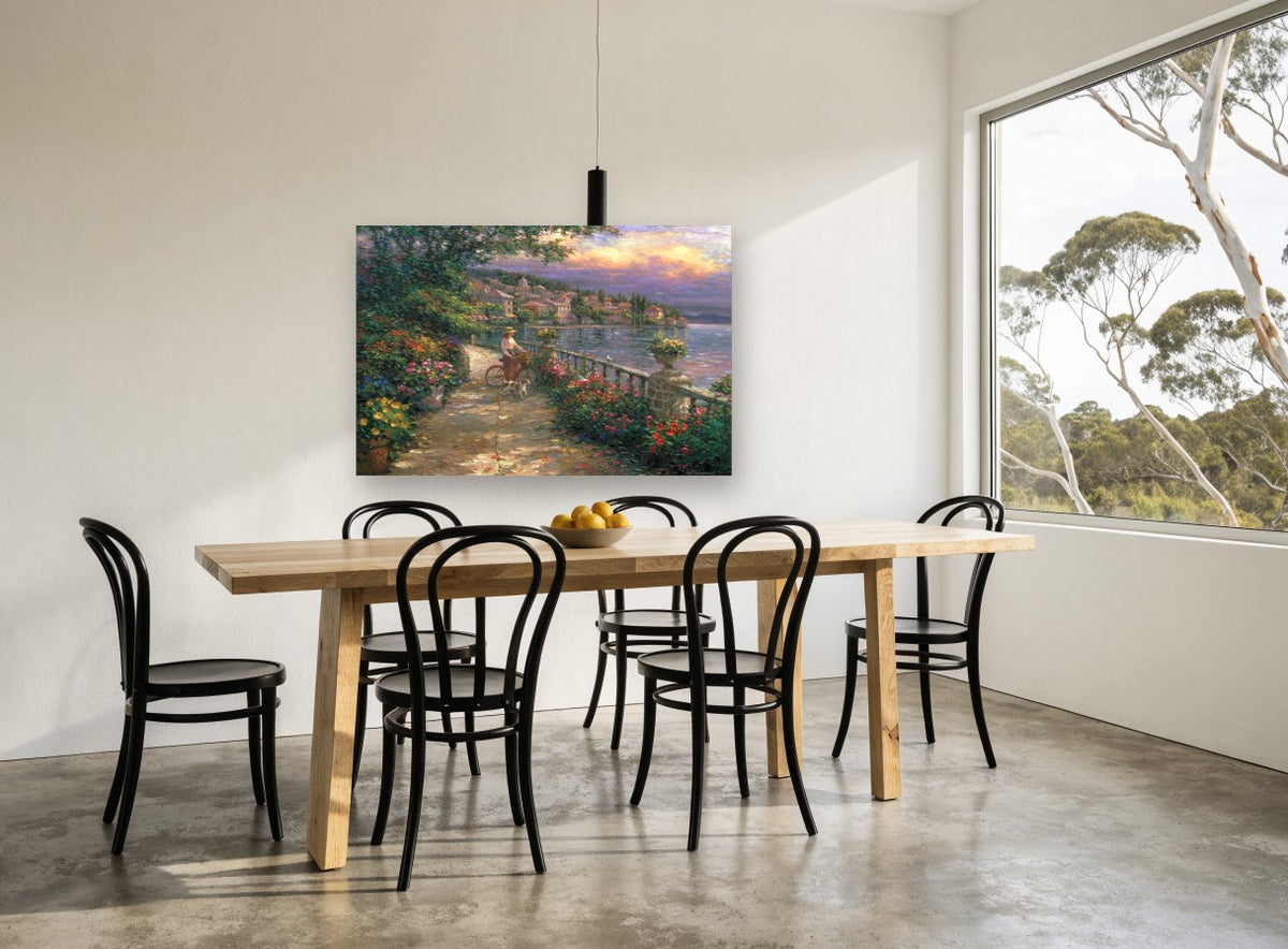 Lakeside Garden Promenade coastal canvas print on the wall of a dining room