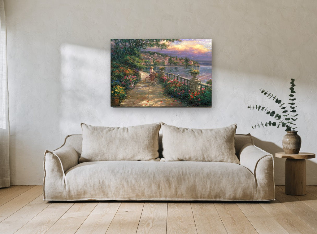 Lakeside Garden Promenade coastal canvas print on the wall of a living room