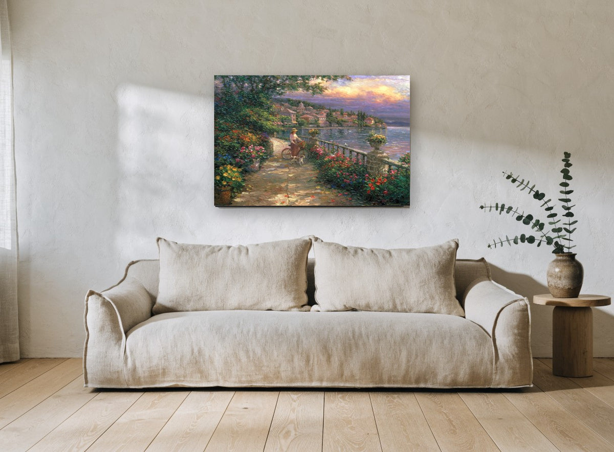 Lakeside Garden Promenade coastal canvas print on the wall of a living room