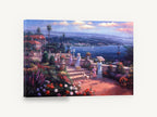 Blooming Terrace Above the Bay, seaside garden terrace impressionist painting, coastal canvas wall art print ready to hang